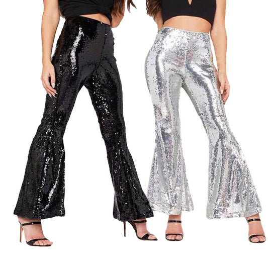FLOWERSVERSE  X8077 European and American Independent Station Cross-Border Women's Clothing Sexy Nightclub See-through Sequins Loose Flared Pants with Lining