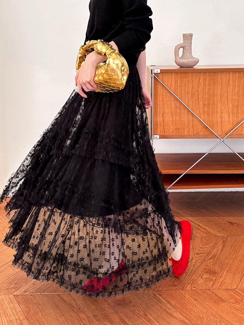 2025  Spring New Korean Version Sweet Lace Princess Fluffy Gauze Skirt Lace A-word Lace Cake Skirt 811-1