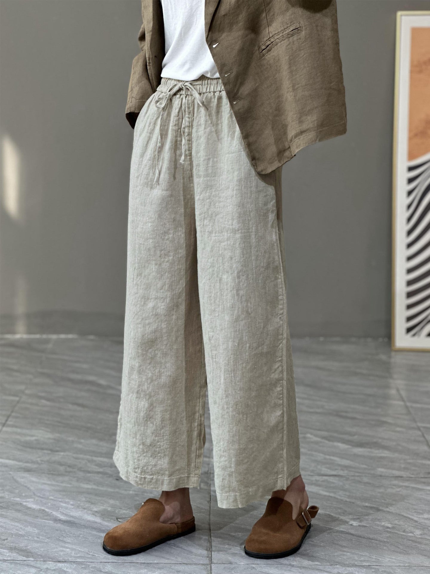 flowersverse Jianmeng Youyou Linen Wide-Leg Pants  Spring New Style Inner Edge Casual Pants for Women Elastic Waist Pants 8826