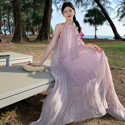 2025 Pure desire flower purple suspender dress seaside vacation long dress summer beach skirt temperament sleeveless fairy skirt
