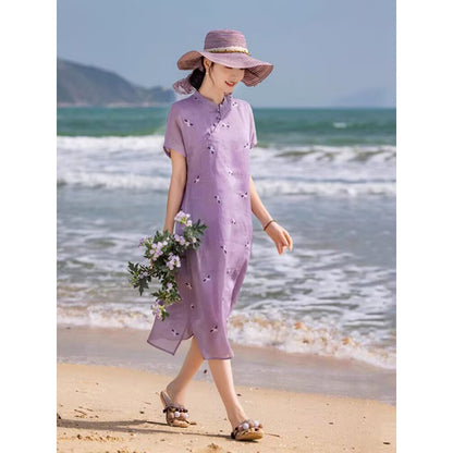 summer new cheongsam Chinese literary and retro embroidered purple cotton and linen dress temperament stand-up collar tea clothes women