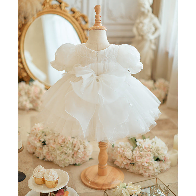 flowersverse One Year Old Celebration Dress Baby Girl High-End Girl Zhuazhou White Princess Dress Little Girl Birthday Host Dress Summer