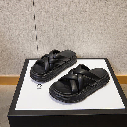 2025 Fairy wind cool slippers female outer wear flat bottom non-slip  summer new bow seaside beach one-word slippers