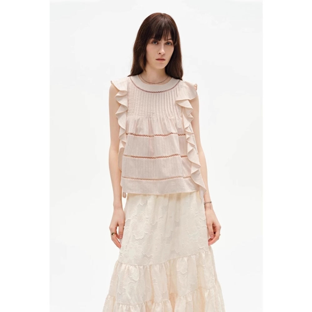 Siyuan, retro fresh  style pure cotton hollow embroidered ruffle edge sleeveless loose top female 9115