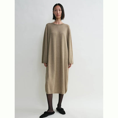 Siyuan [wool silhouette dress] minimalist style soft camel round neck lazy loose dress women 8927