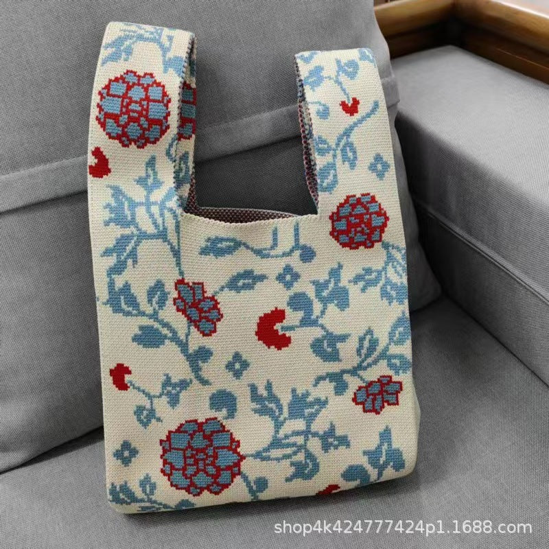 FLOWERSVERSE  INS Internet Hot New Handbag Women's Knitted Bag Japanese and Korean Style All-Match Hand Carrying Casual Tote Bag Factory Wholesale