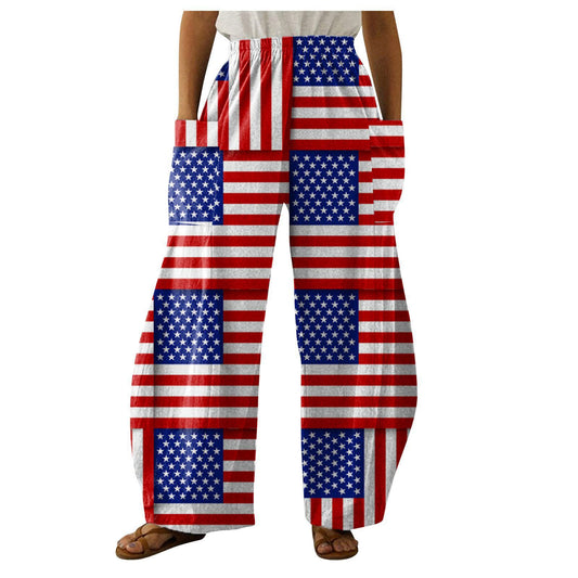 FLOWERSVERSE  Summer Women's Holiday Casual Loose Straight-Leg Wide-Leg Pants US Independence Day 3D Print Yoga Pants