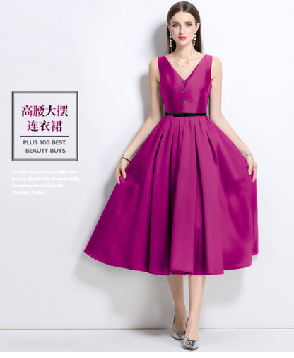 Popular trade sleeveless dress women's summer new temperament thin V-neck slim fit medium and long A-shaped vest skirt