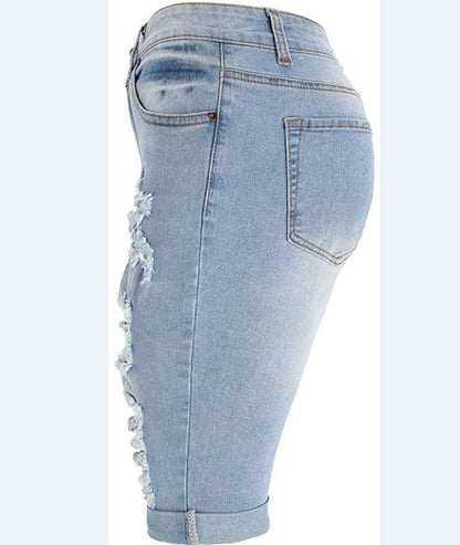 8853 # Popular trade high waist ripped elastic jeans women's medium pants