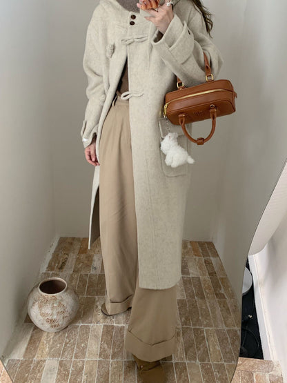 2025 Hooded disc buckle solid color extended double-sided wool coat woolen casual loose coat women's warm autumn and winter