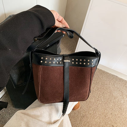 FLOWERSVERSE 2025 Cross-border bag women's new matte leather fleece bucket bag punk style rivet decoration women's shoulder bag messenger bag