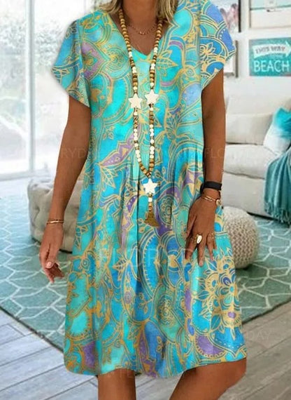 FLOWERSVERSE Chuyi  independent station wishes summer 2025 women's clothing V-neck printing temperament commuter short-sleeved dress