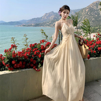 2025 Seaside vacation purple v-neck halter neck dress for women, super good-looking temperament long dress, good-looking skirt for photos