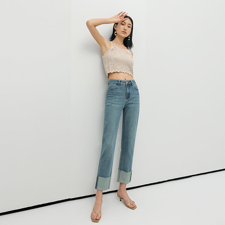 2025 In summer, Xinjiang long-staple cotton micro-elastic stylish flanged straight-leg pants high-definition women's denim nine-point pants are sent on behalf of others