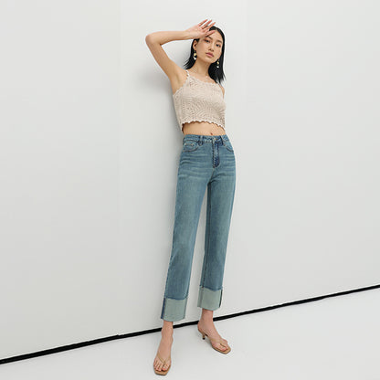 2025 In summer, Xinjiang long-staple cotton micro-elastic stylish flanged straight-leg pants high-definition women's denim nine-point pants are sent on behalf of others