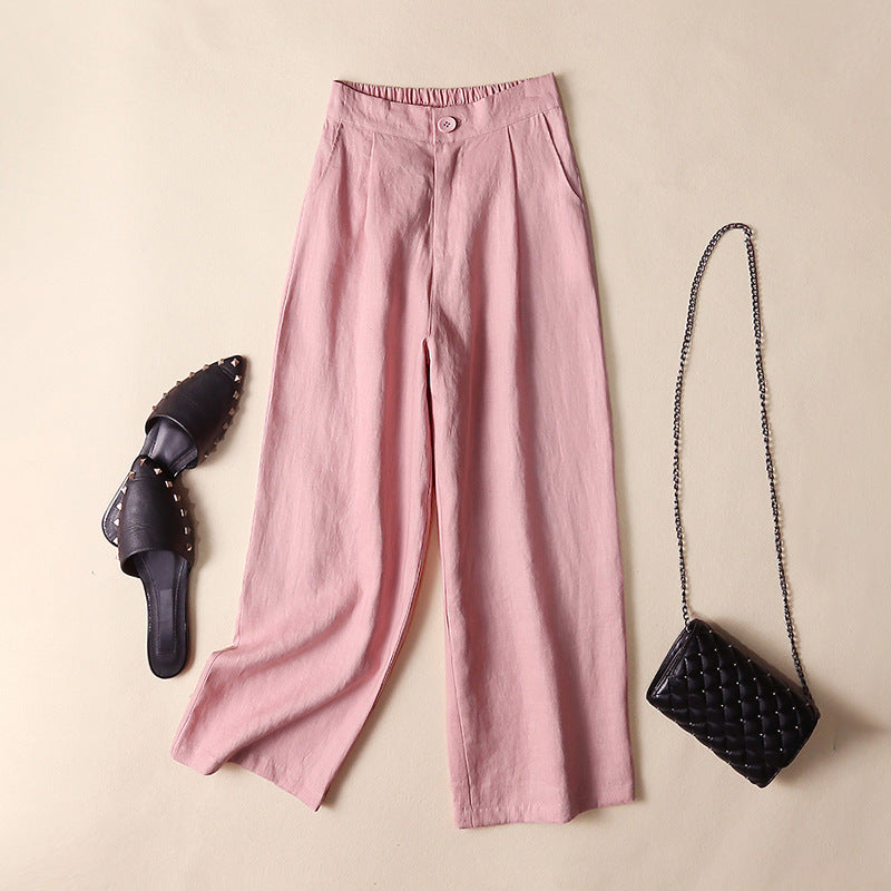 flowersverse Pure Linen Loose Wide-Leg Pants Cropped Pants Pink Straight Small Women's Pants Drape Artistic Linen Pants Women's Summer