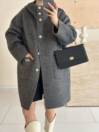 2025 Yak down mulberry silk wool hooded single-row multi-buckle shoulder sleeves extended double-sided woolen cashmere coat autumn and winter
