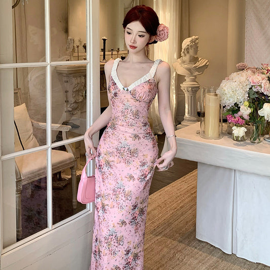 2025 Coffee break romantic v-neck floral suspender dress women's spring and summer new sexy pure desire seaside vacation hip wrap dress