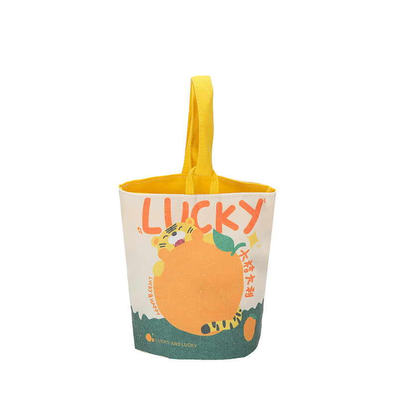FLOWERSVERSE  New Cartoon Canvas Bag Bucket Bag Printed Cute Small Handbag Contrast Color Bento out Rabbit Small Carrying Bag