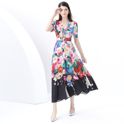 Holiday style dress  summer  retro suit collar single-breasted waist thin printed pendulum dress