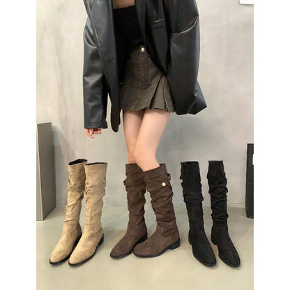 2025  Heel Pile Boots Retro Suede Black Long Women's Boots Western Boots Autumn and Winter Fleece Warm Boots Knight Boots