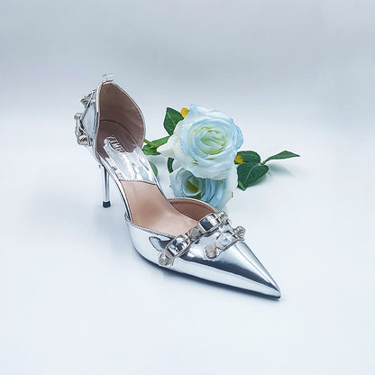 flowersverse  New European and American Lens Rivet High Heels Hollow Women's Shoes Punk Stiletto Heel Belt Buckle Strap Shoes