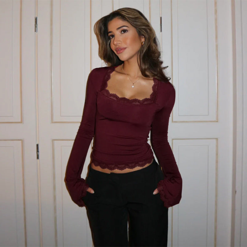 FLOWERSVERSE 2025 spring and summer new 2025 style women's clothing fashion temperament sexy versatile slim lace long-sleeved top