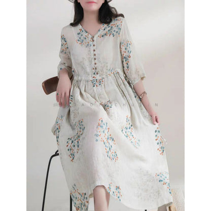 Literary and retro small floral cotton and linen dress for women's  new loose and thin drawstring waist holiday dress