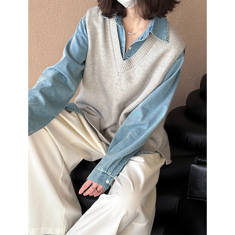 2025  Spring New Simple V-Neck Vest Casual Bottom Versatile Loose Knitted Sweater 669-1