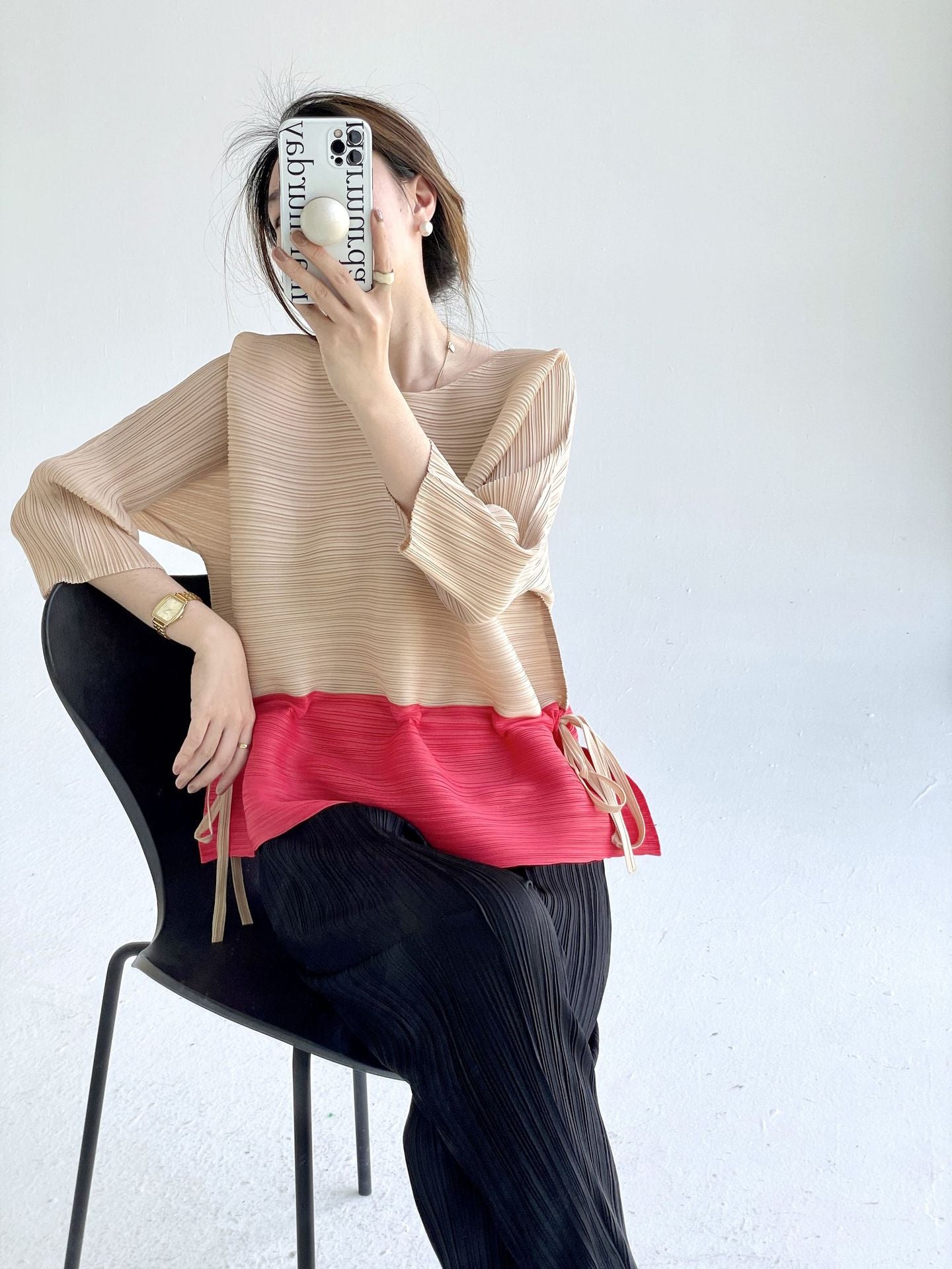 popular spring and summer new fashion color matching loose crew neck top femininity meat covering thin drawstring waist T-shirt