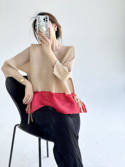 popular spring and summer new fashion color matching loose crew neck top femininity meat covering thin drawstring waist T-shirt