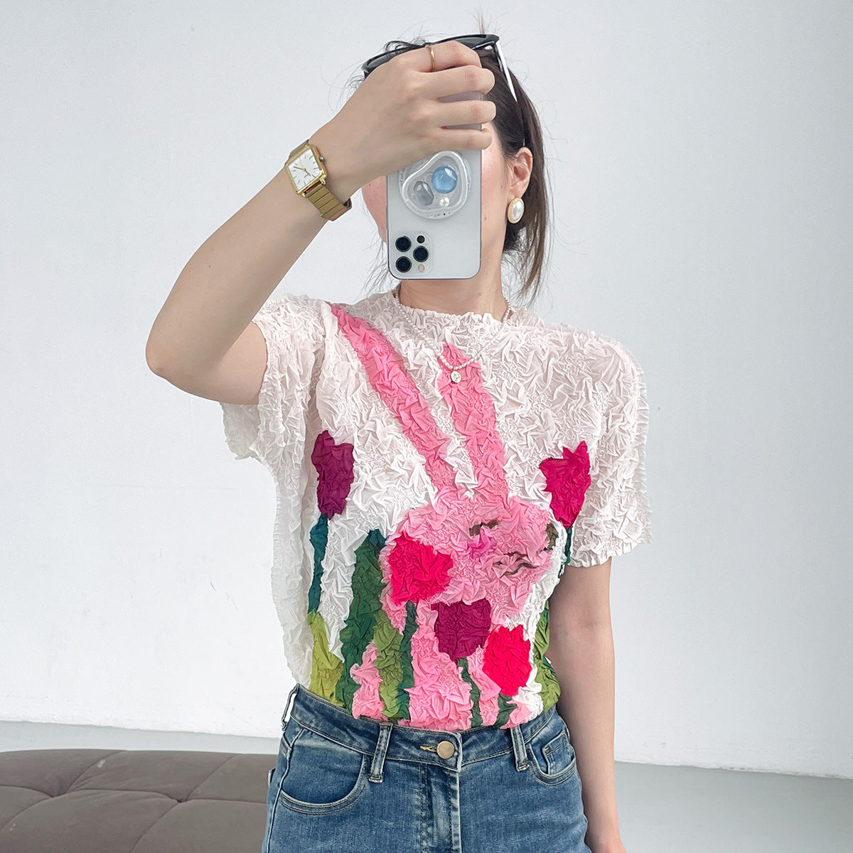 summer three-dimensional oil painting feeling flower high elastic scratch pleated anti-wrinkle short-sleeved crew neck T-shirt slim-fitting versatile top women