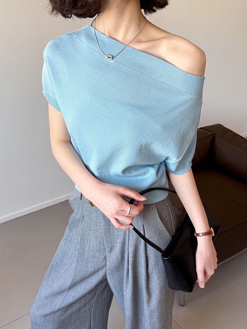 2025  Spring New Korean Loose Lazy Slack One-word Shoulder Slash Shoulder Top Knitted Sweater Women 166