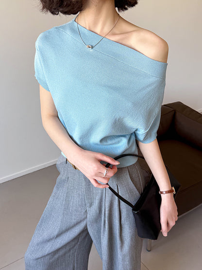 2025  Spring New Korean Loose Lazy Slack One-word Shoulder Slash Shoulder Top Knitted Sweater Women 166