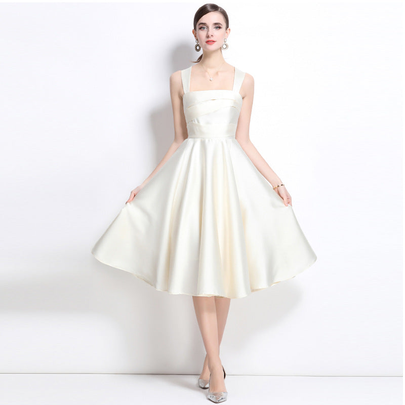 dress retro square neck satin suspender slim graduation birthday engagement light dress dress women