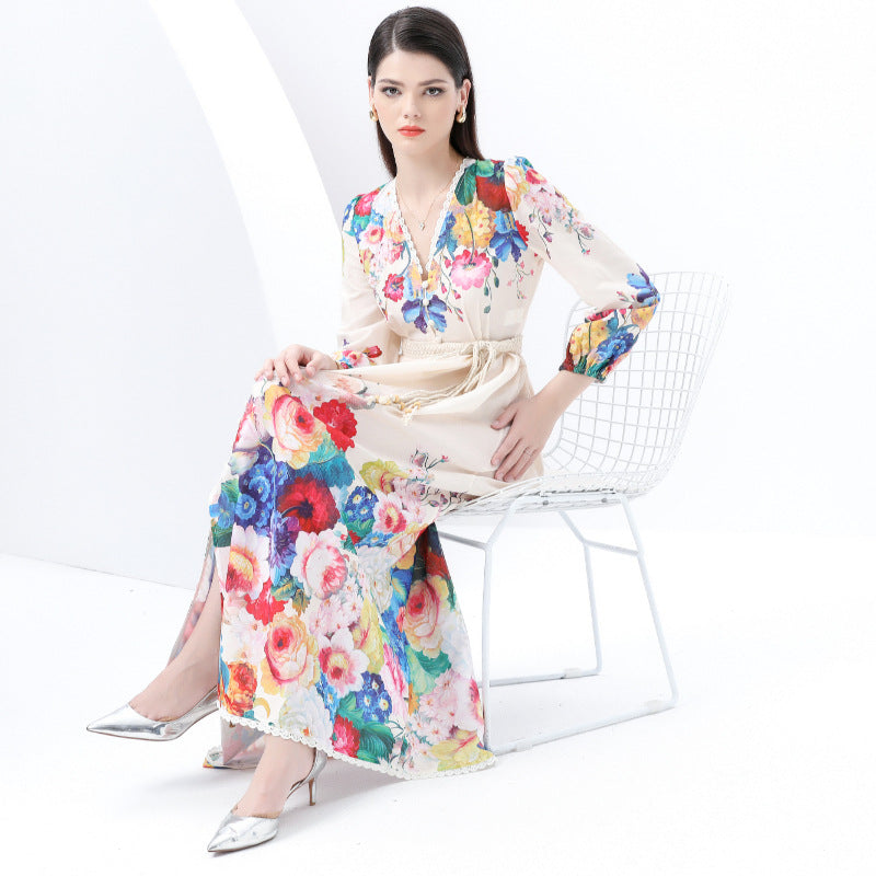 Popular style dress women's court style retro elegant lantern sleeves waist single-breasted split-ended printed long dress