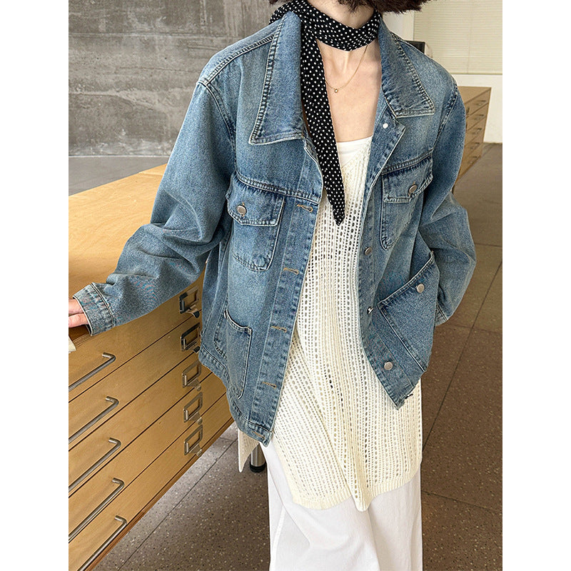 2025  spring new Korean version design sense washed denim lapel breasted casual loose jacket top 3170