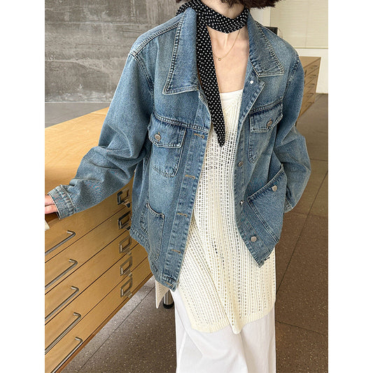 2025  spring new Korean version design sense washed denim lapel breasted casual loose jacket top 3170