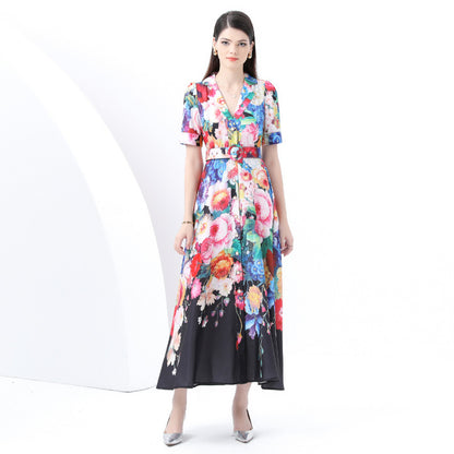 Holiday style dress  summer  retro suit collar single-breasted waist thin printed pendulum dress
