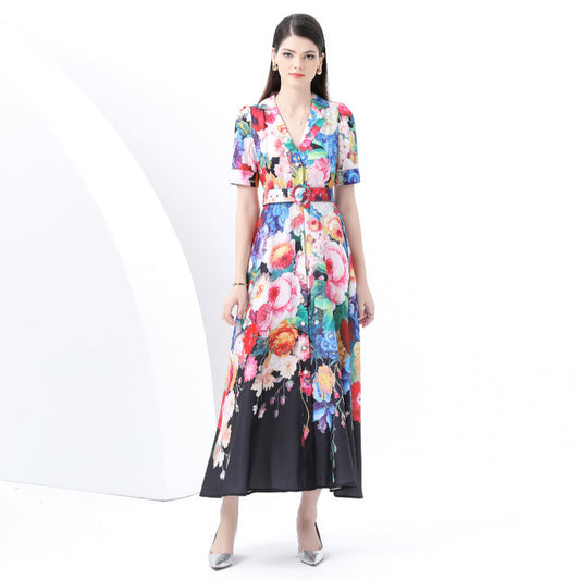 Holiday style dress  summer  retro suit collar single-breasted waist thin printed pendulum dress