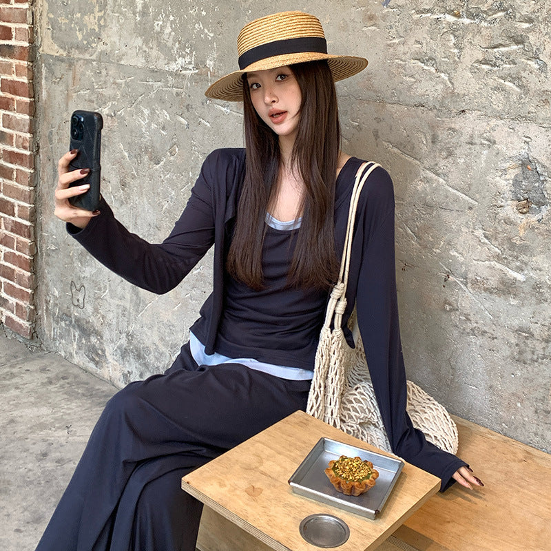 2025 Spring Temperament Knitted Cardigan Vest + High Waist Half-length Pants Three-piece Set Women 89296