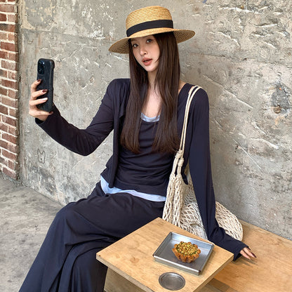 2025 Spring Temperament Knitted Cardigan Vest + High Waist Half-length Pants Three-piece Set Women 89296