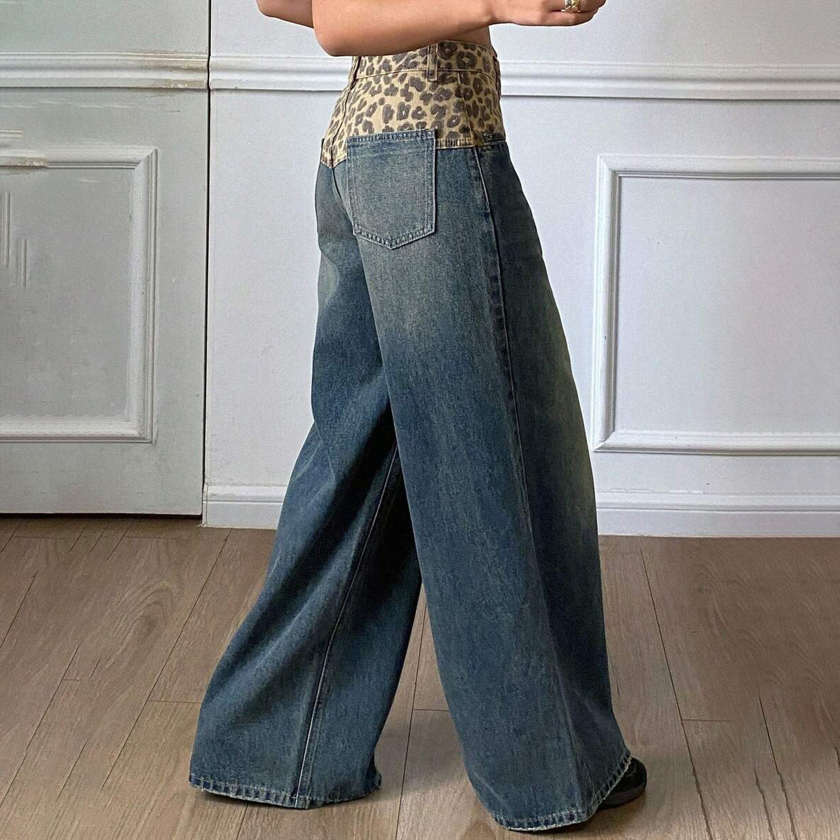 Tide splicing retro leopard print wide-leg pants jeans women's versatile niche 2025n old loose breathable straight-leg pants