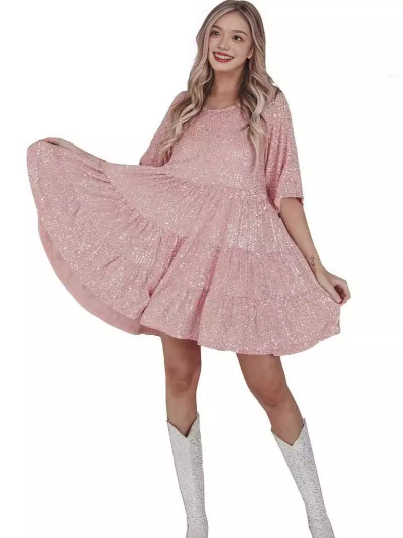FLOWERSVERSE 2025 new sequined shiny round neck short-sleeved A-shaped loose and elegant waist party concert dress