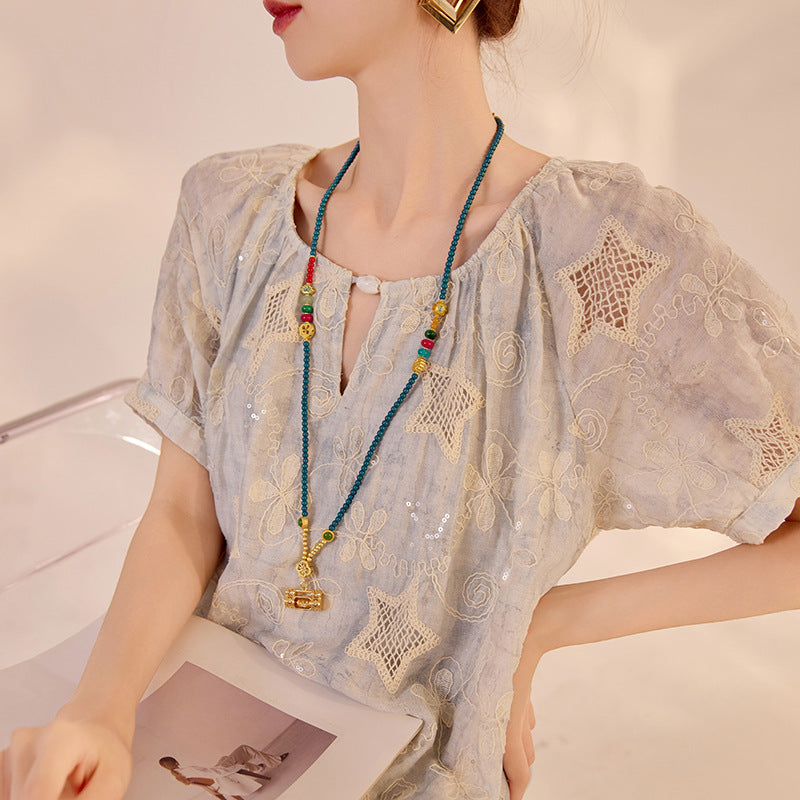 National style high-end  summer vacation gentle wind long dress women's loose star embroidery splicing dress N3099