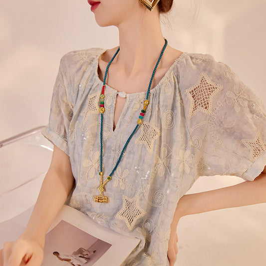 National style high-end  summer vacation gentle wind long dress women's loose star embroidery splicing dress N3099