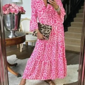 FLOWERSVERSE 2025New Spring Women's Long Sleeve Dress Leopard Print Girdle Casual Loose V-Neck Autumn Elegant Dress Group