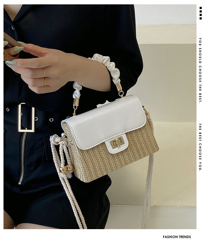 FLOWERSVERSE  Straw Woven Bag Women's Fashionable Beach Weaving Portable Small Square Bag  Summer New Ins Stitching Shoulder Messenger Bag