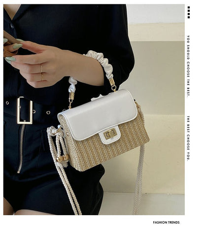 FLOWERSVERSE  Straw Woven Bag Women's Fashionable Beach Weaving Portable Small Square Bag  Summer New Ins Stitching Shoulder Messenger Bag