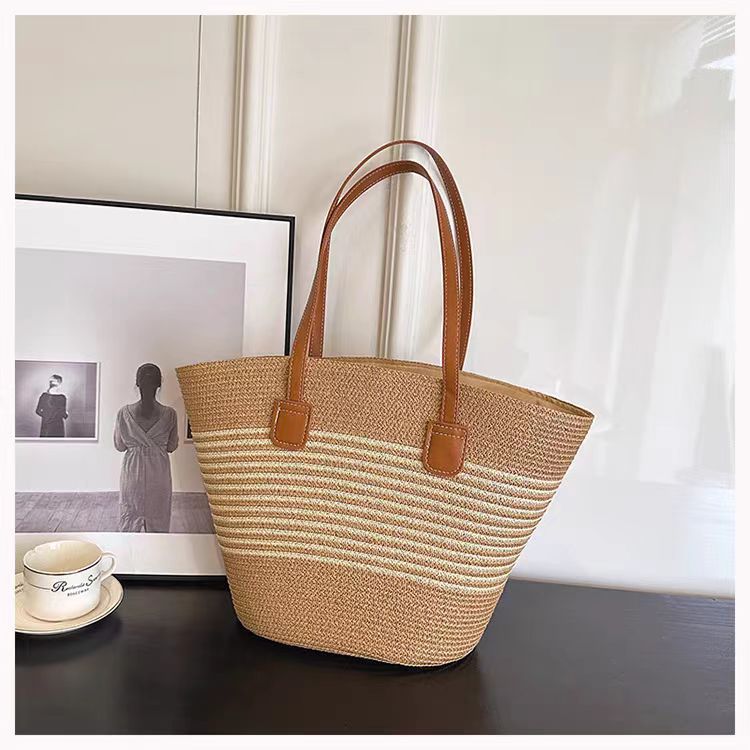FLOWERSVERSE  Straw Bag Women's Summer Seaside Tote Bag Large Capacity Woven Shoulder Bag Rattan Woven Straw Bag Vegetable Basket Bucket Bag Fashion